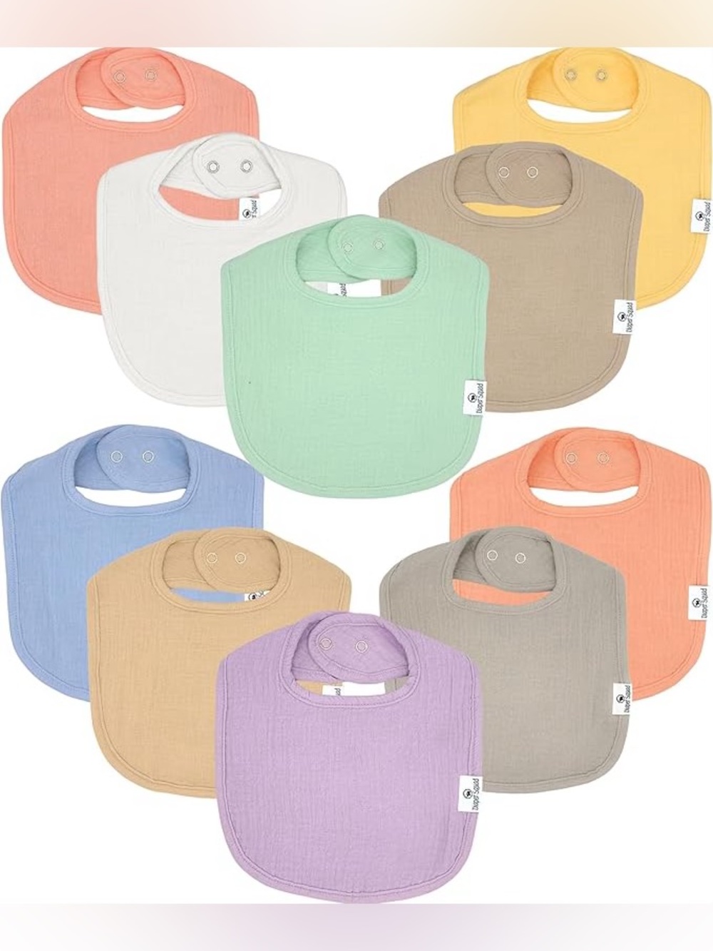 Diaper Squad 10 pack Pastel Muslin Square Organic Cotton Baby Drool Bibs Set
